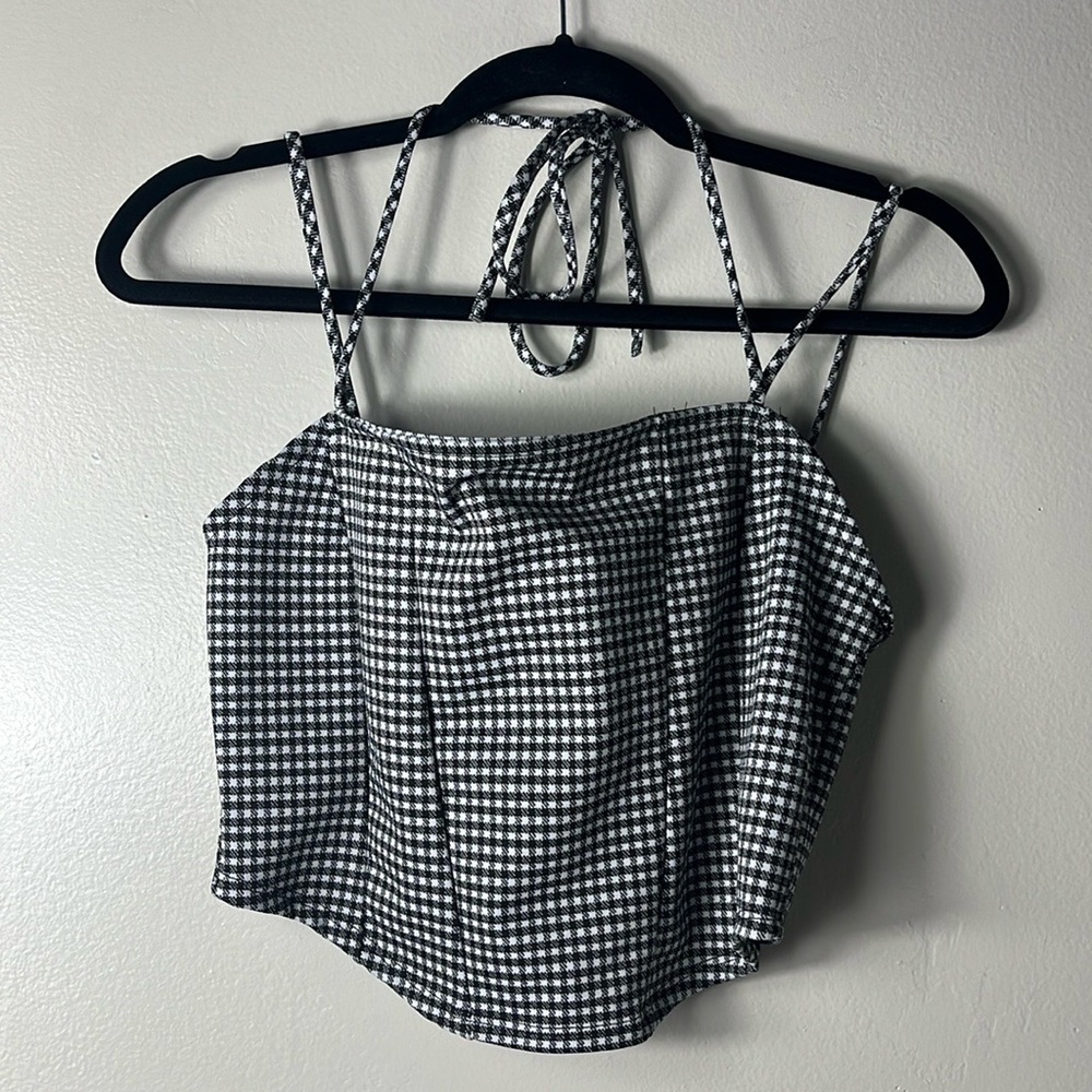 Attirance top black/white gingham crop top with tie up open back women’s size L